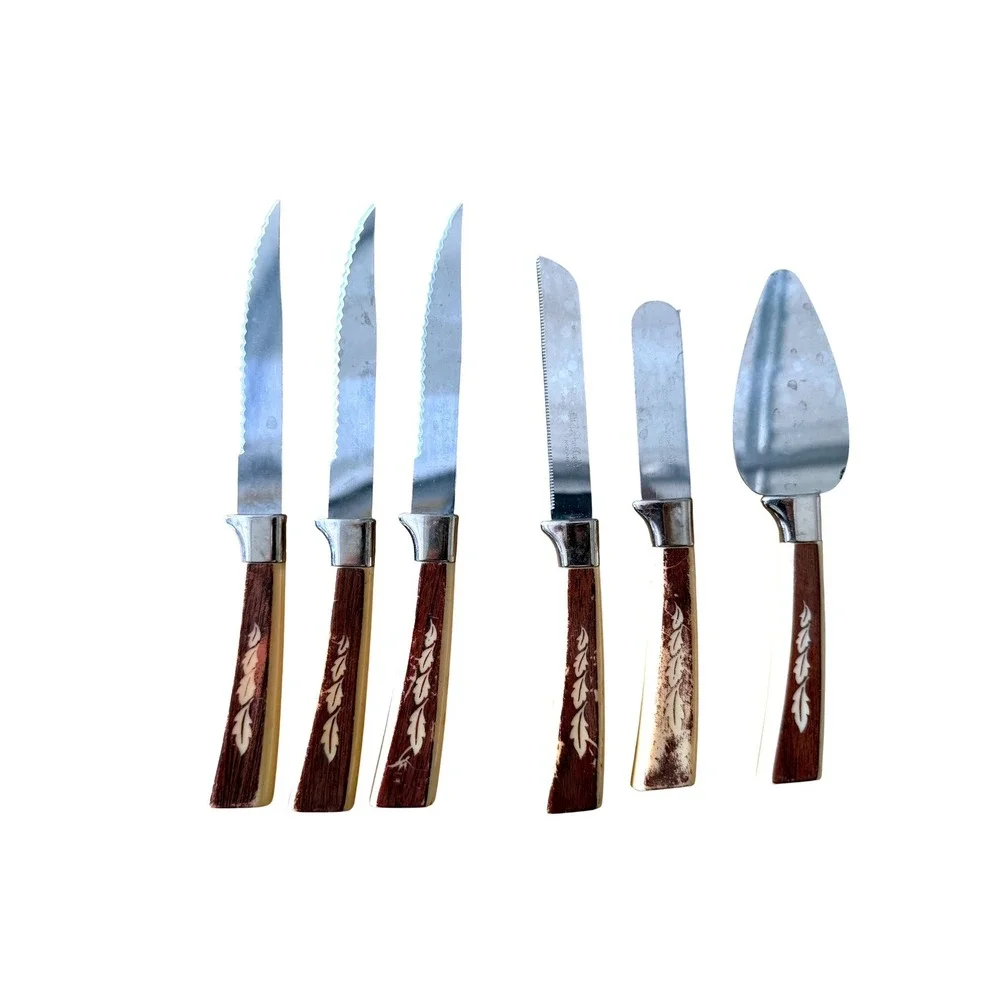 Vintage Regent Sheffield‎ England 6pc Cutlery Set MCM Stag Leaf Handle Knives